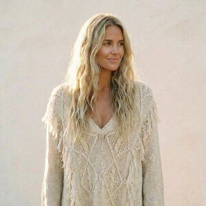 Billabong cream cable knit fringe v neck sweater S